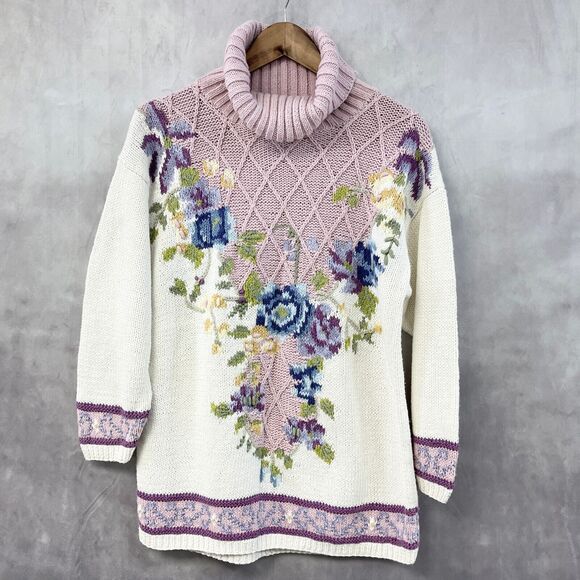 VTG Jennifer Reed Hand Knit Sweater Womens Medium Cottagecore Textured‎ Floral - Picture 1 of 8
